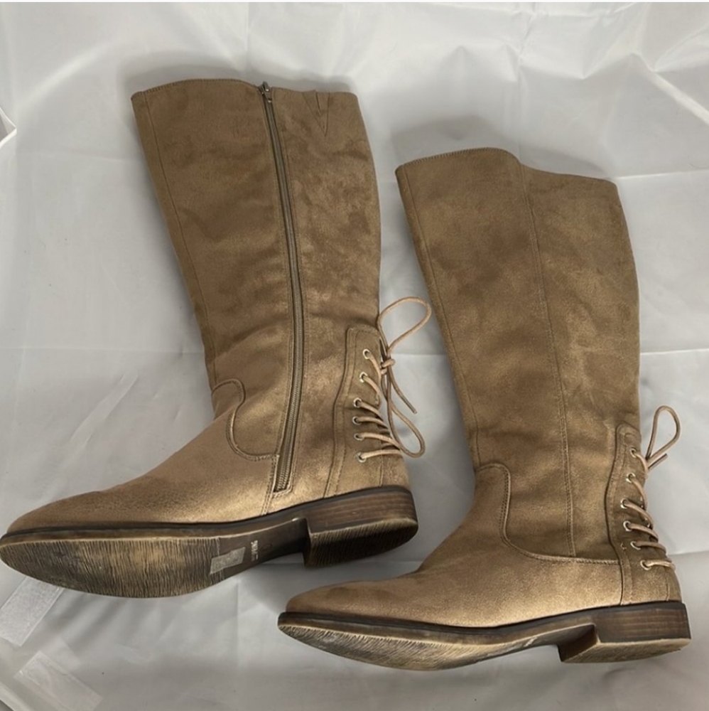 Call It Spring Tan Faux Suede Knee High Riding  Boots Lace Heel 10
